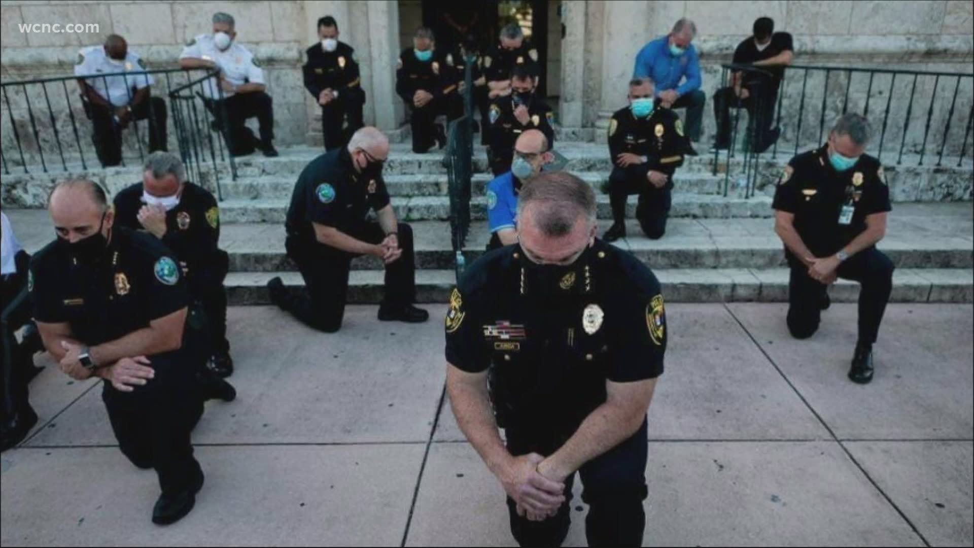 A police chief in South Carolina went viral for good reasons Monday, while officers in Miami used their platform to take a knee with protesters.