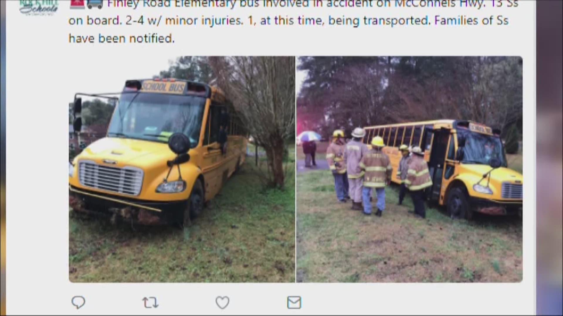 Four elementary school students were taken to the hospital after a school bus ran off a Rock Hill Road in an attempt to avoid an accident Wednesday morning.