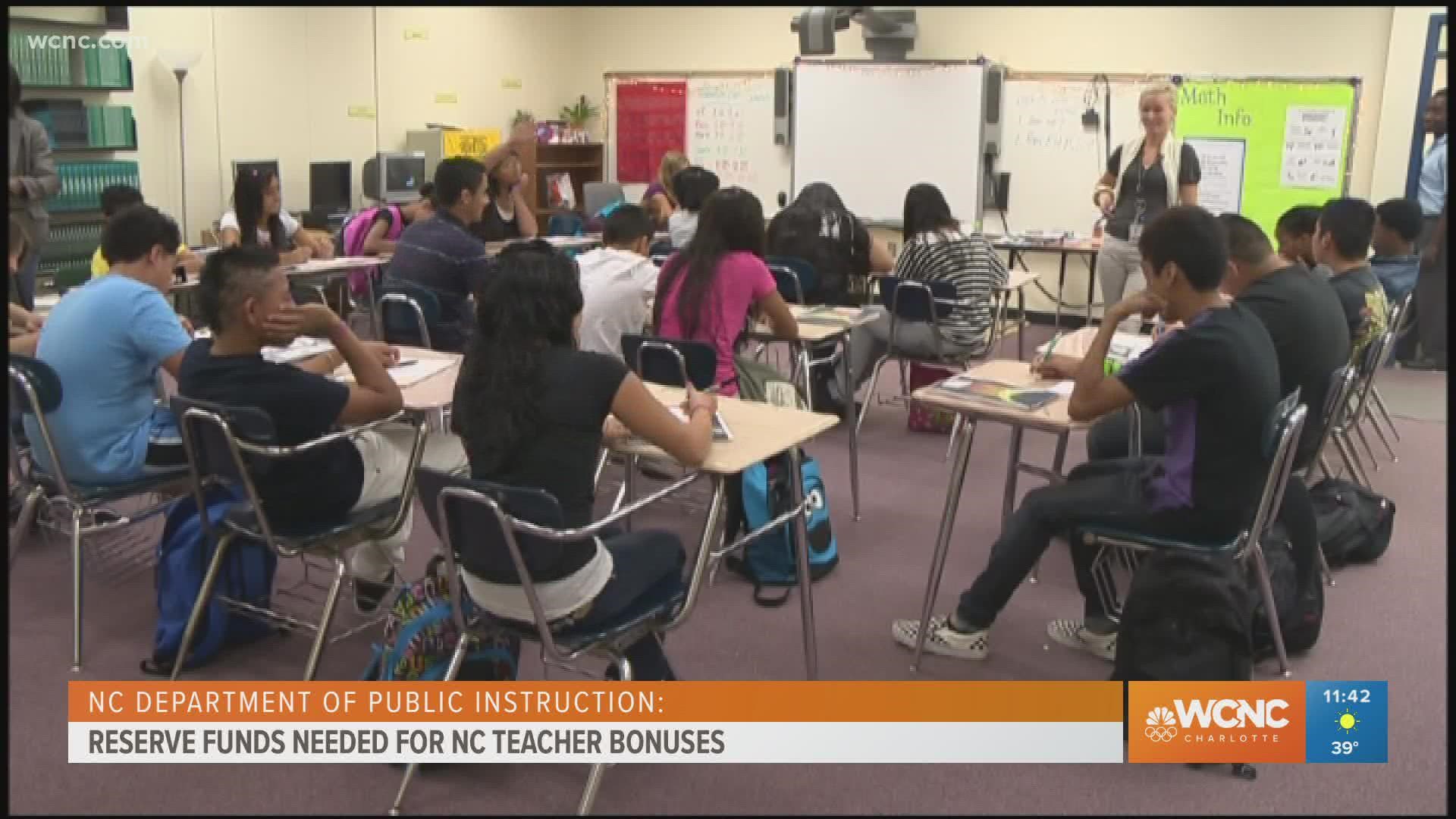 NC to use reserves to give teachers bonuses