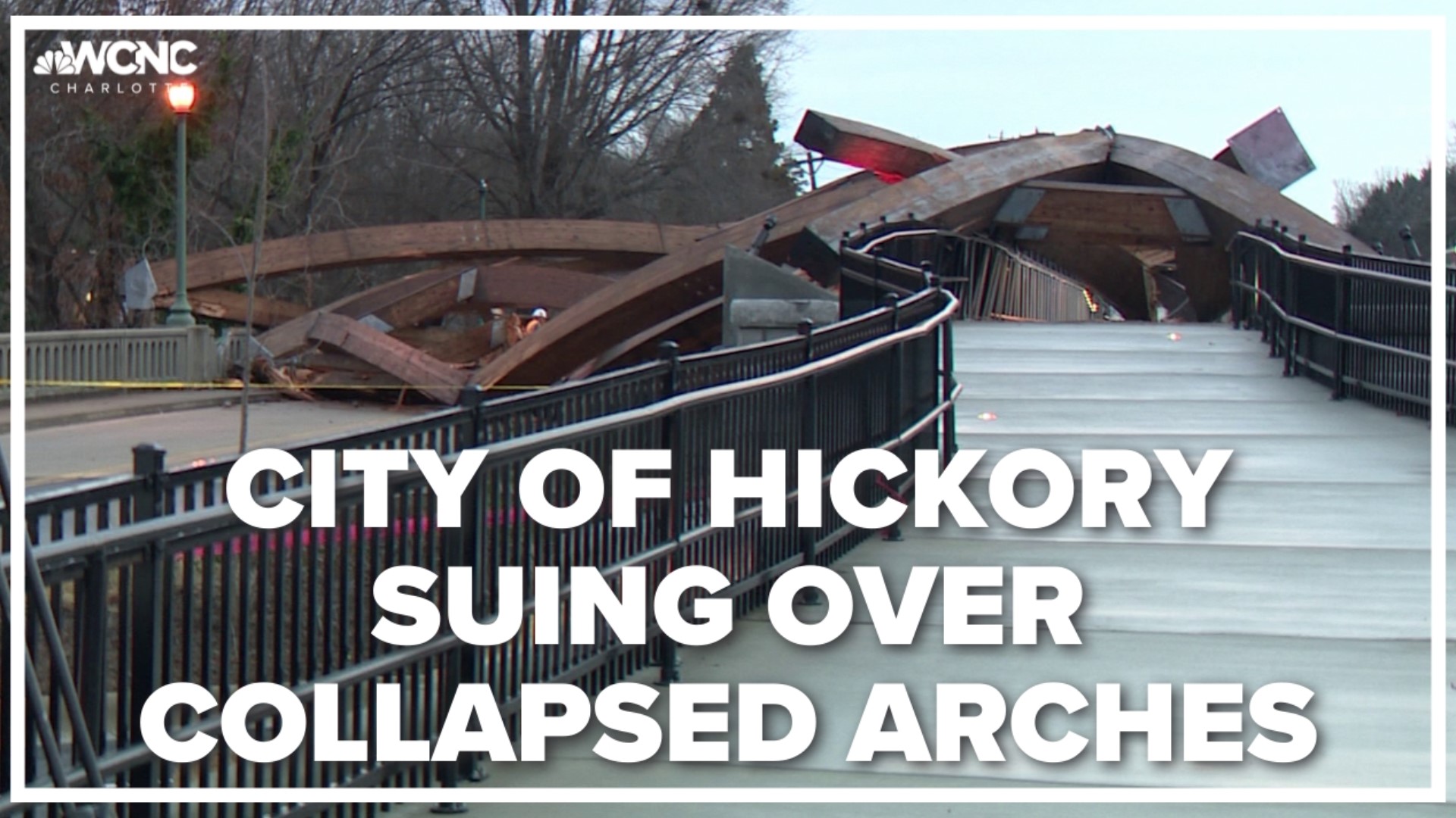 Leaders in Hickory are pursuing legal action following the collapse of wooden arches over the Rudy Wright pedestrian bridge from Feb. 18.