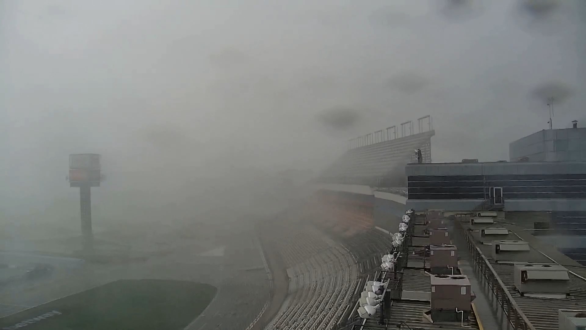 Severe thunderstorm winds blow through the Charlotte Motor Speedway in Concord Tuesday.