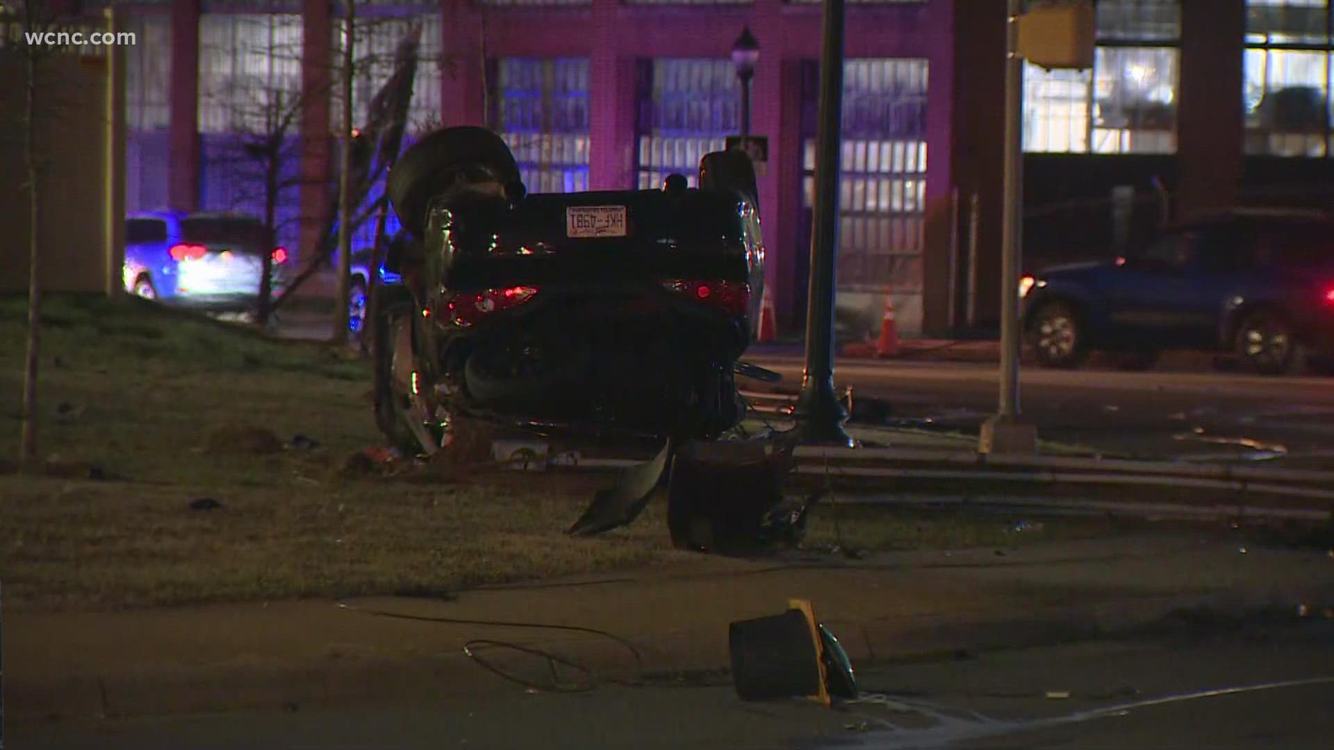 One of the vehicles hit a pole causing the power lines to come down.