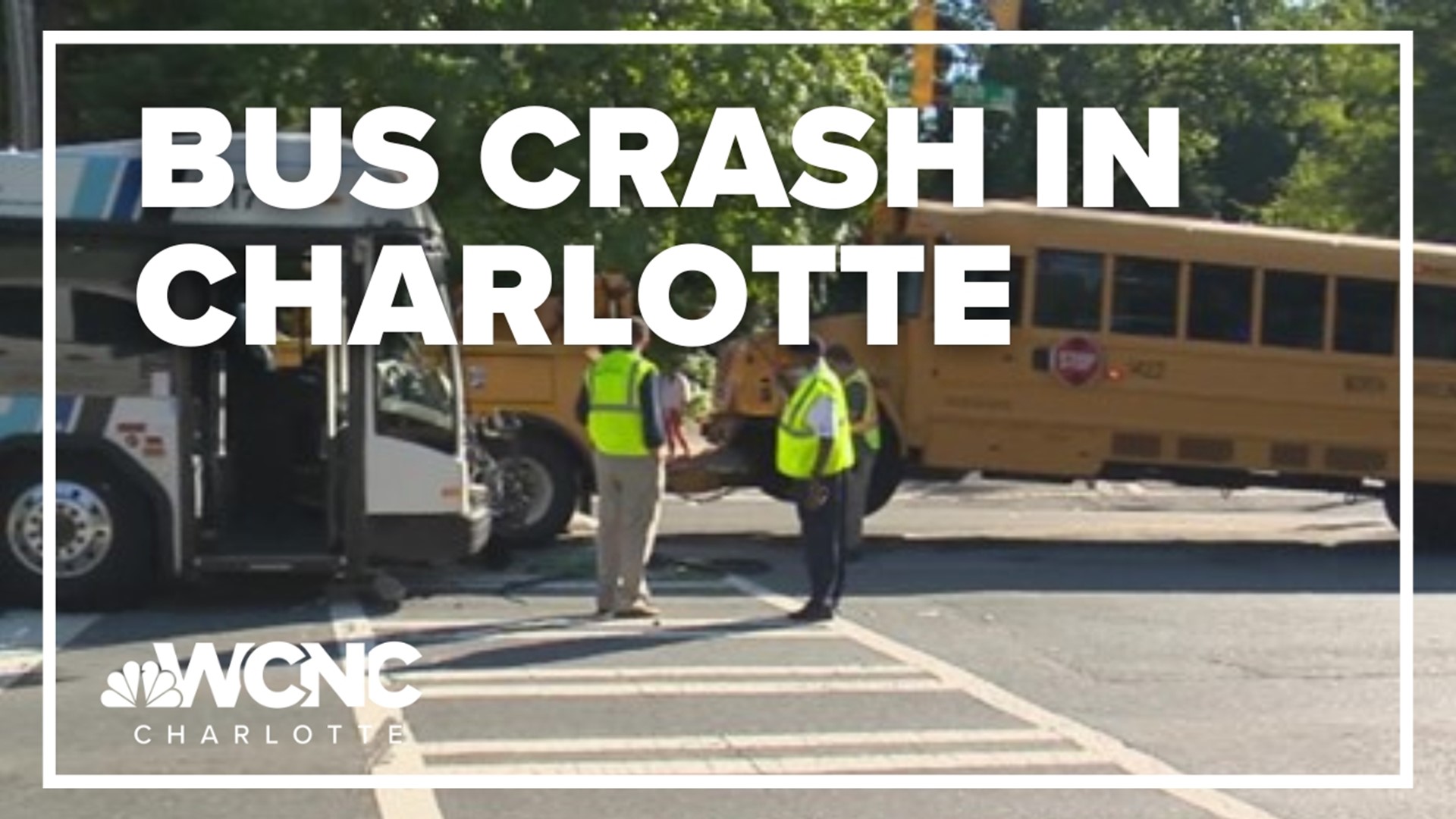Officials said seven students from Myers Park High School were on the bus at the time of the crash. None of the injuries were from the school bus.