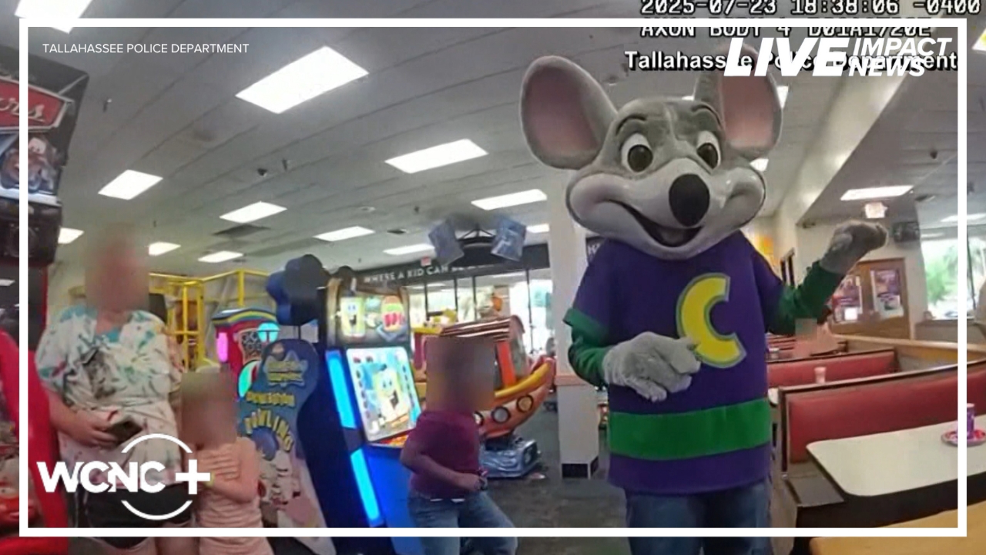 Bodycam video captured an officer telling him, “Come with me, Chuck-E.” The man is accused of stealing a customer’s credit card during a birthday visit.