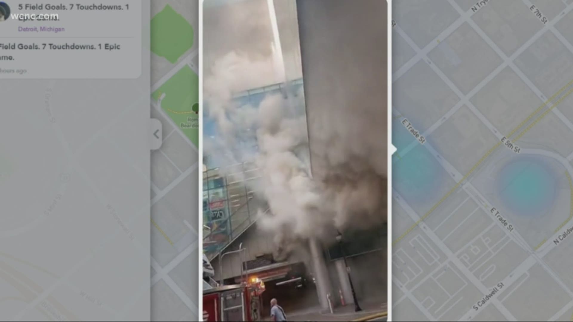 Smoke could be seen pouring from an air vent near the Bank of America parking deck.