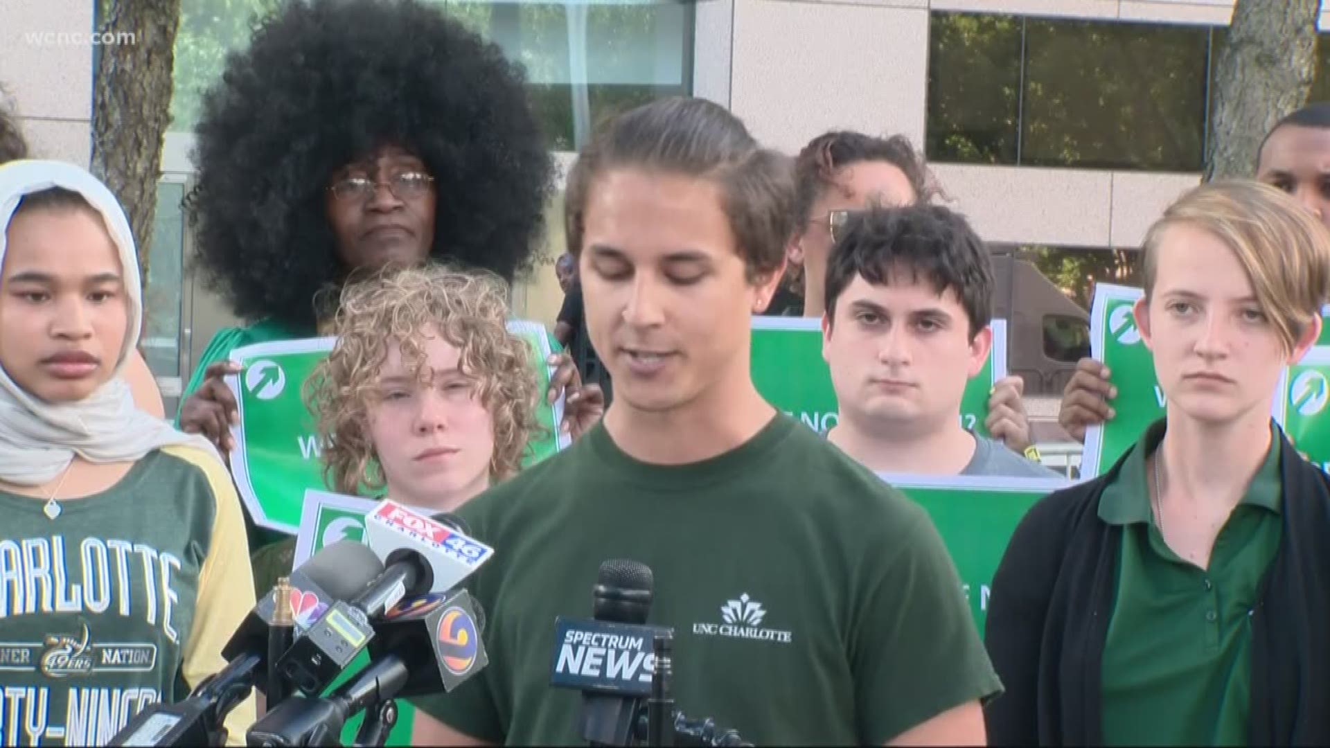 The Real Change Now Coalition from UNC Charlotte held a news conference in uptown Charlotte Tuesday, calling for an end to gun violence following the shooting on campus.