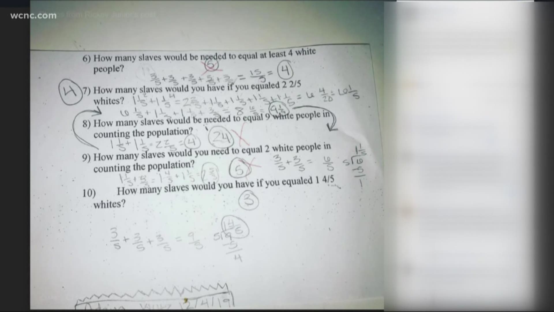 A homework assignment asked students how many slaves equated to one white person.