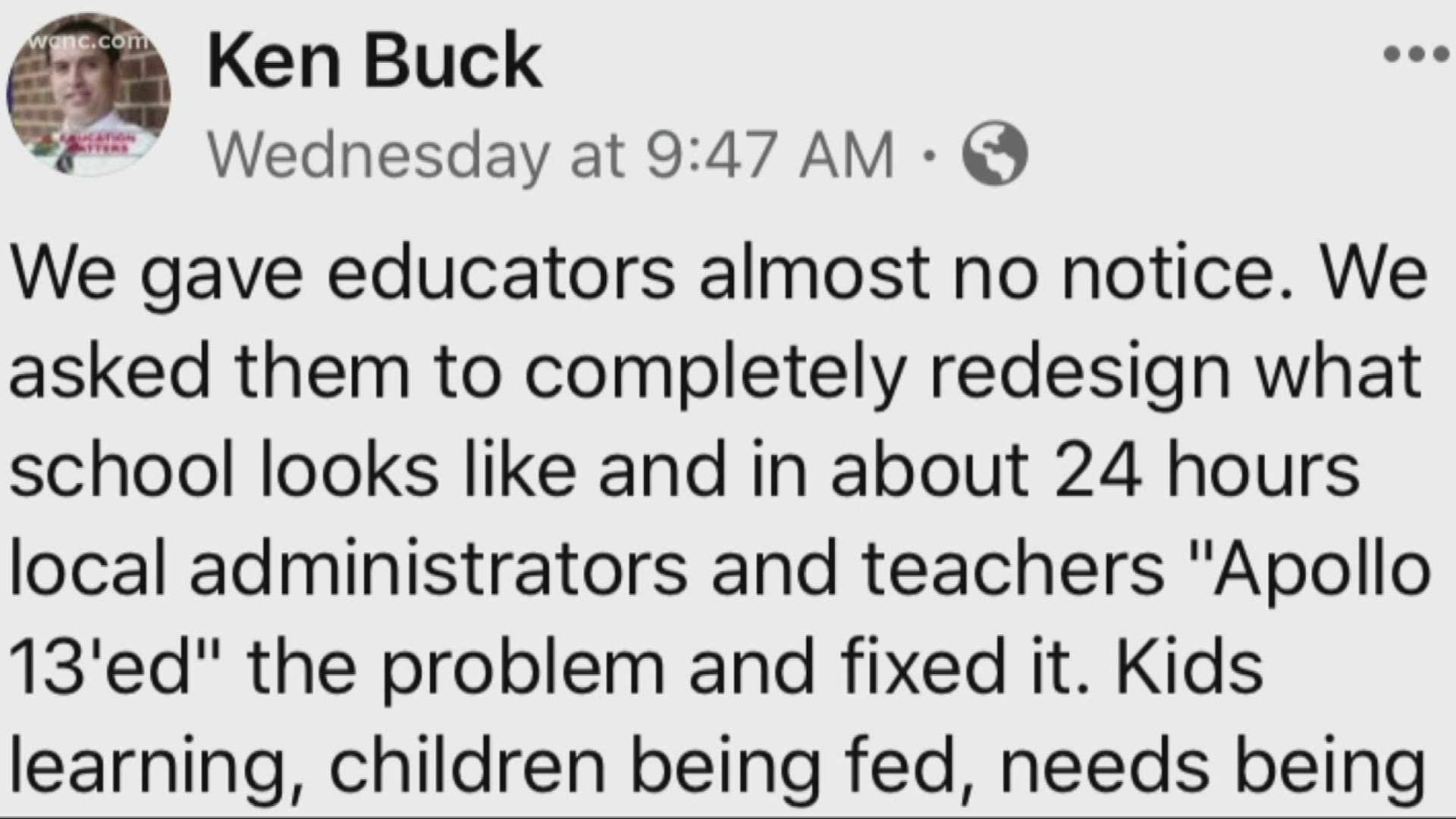 "We gave educators almost no notice. We asked them to completely redesign what school looks," Ken Buck wrote praising teachers amid coronavirus home schooling.