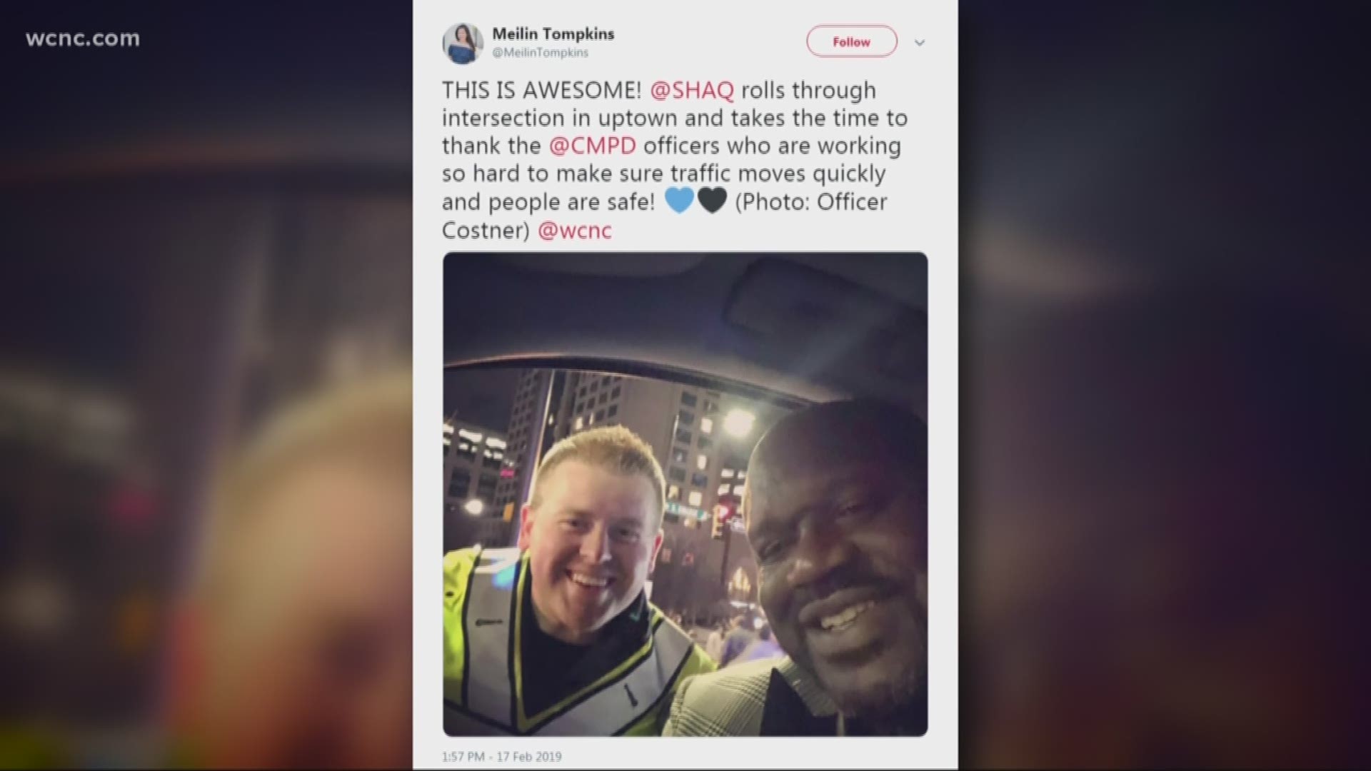 Shaq drove through uptown, taking time to thank CMPD officers working hard to make sure traffic keeps moving and people stay safe.