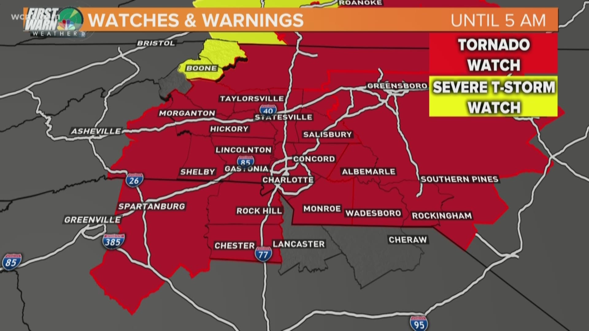 There is still potential for rotating wall clouds or funnel clouds going into Monday morning, with a tornado watch for much of the Carolinas up until 5 a.m.