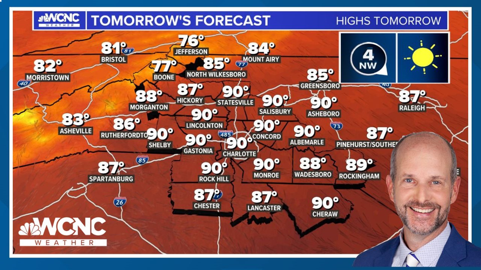 Unseasonably warm highs continue in the upper 80s to near 90 degrees.