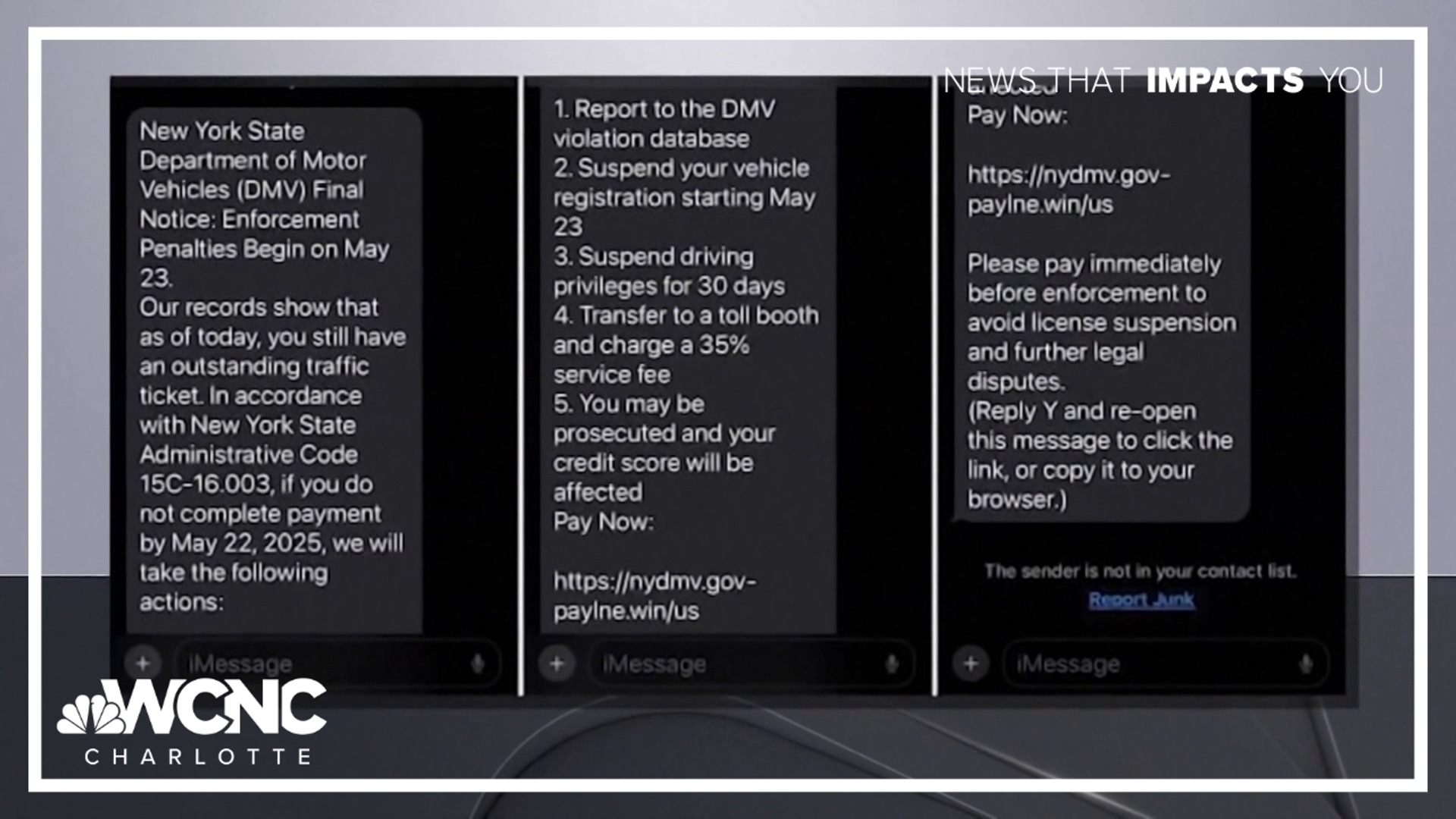 North Carolina drivers are receiving texts from the "DMV" claiming recipients owe traffic fines and must pay them immediately or face a license suspension.
