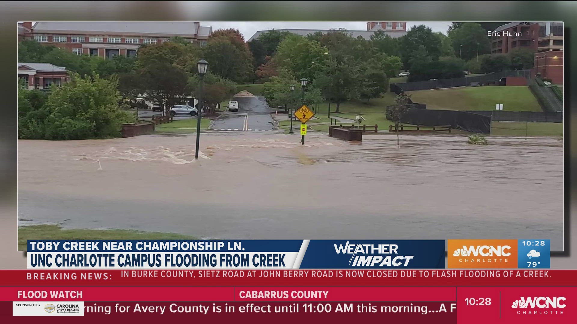 UNC Charlotte's campus was flooded near the athletics complexes on Friday due to heavy rain from Tropical Storm Helene.