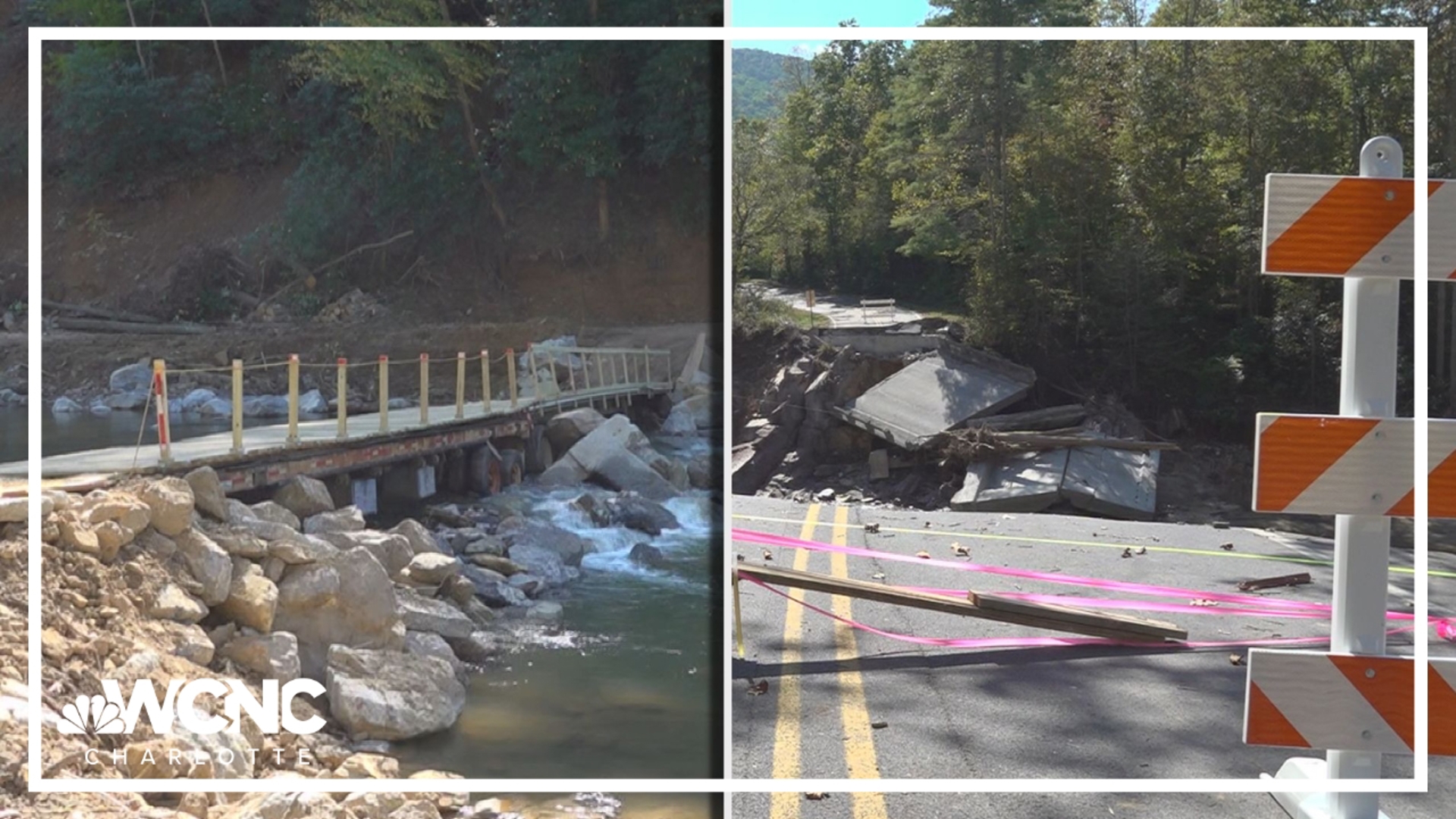 Elk Park, N.C. residents built a bridge out of flatbed trailers to transport supplies to residents in Butler, Tennessee after a bridge collapse during Helene.