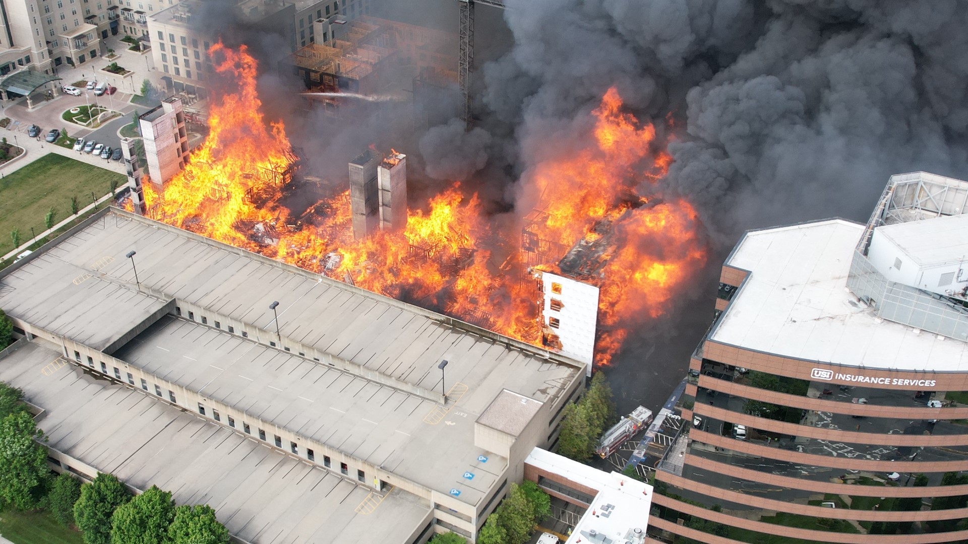 Drone footage shows the enormity of the flames engulfing the structure in Charlotte.