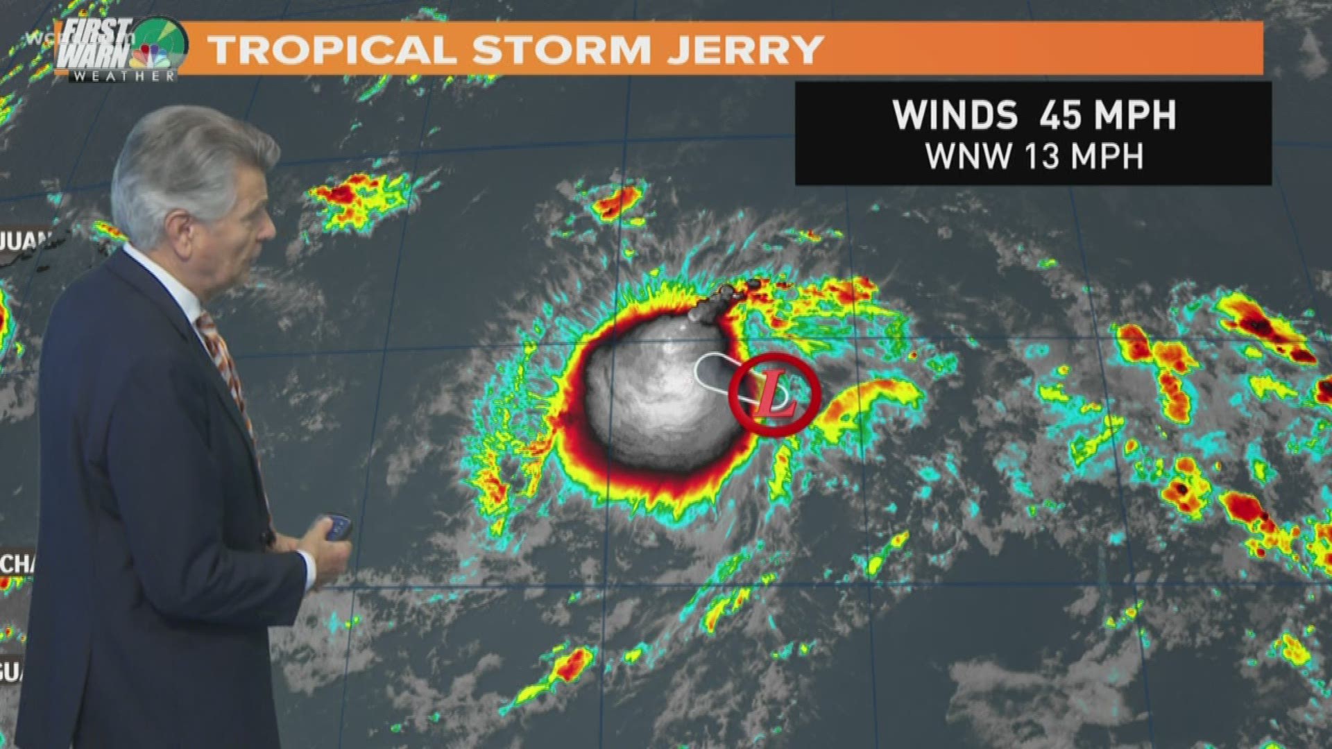 Tropical Storm Jerry is expected to move just north of Puerto Rico before approaching the east coast of the United States next week. The storm currently has 45 mph sustained winds and is expected to become a Category 1 hurricane.
