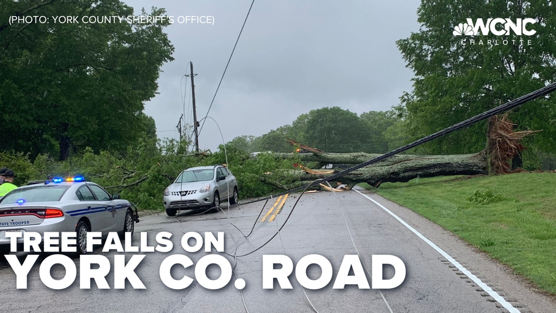 Part of Charlotte Highway near North Shiloh Road was closed off Saturday evening, and new power lines needed to be installed.