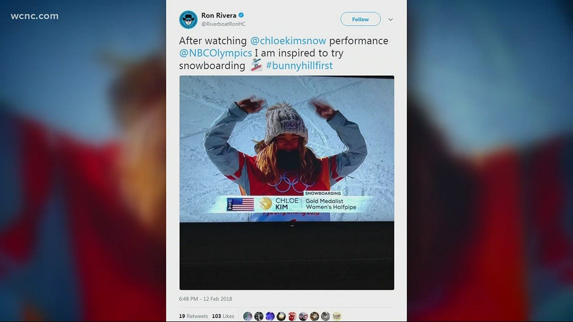 American Chloe Kim's gold-medal performance in the women's snowboard halfpipe captured the hearts of fans nationwide, including Carolina Panthers coach Ron Rivera.