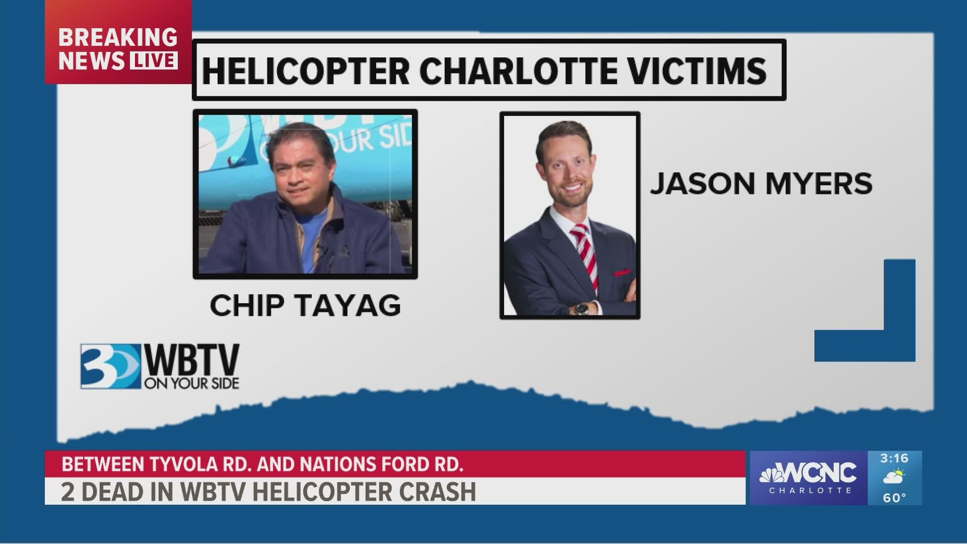 WBTV announced that meteorologist Jason Myers and chopper pilot Chip Tayag were killed in a helicopter crash near I-77 Tuesday.