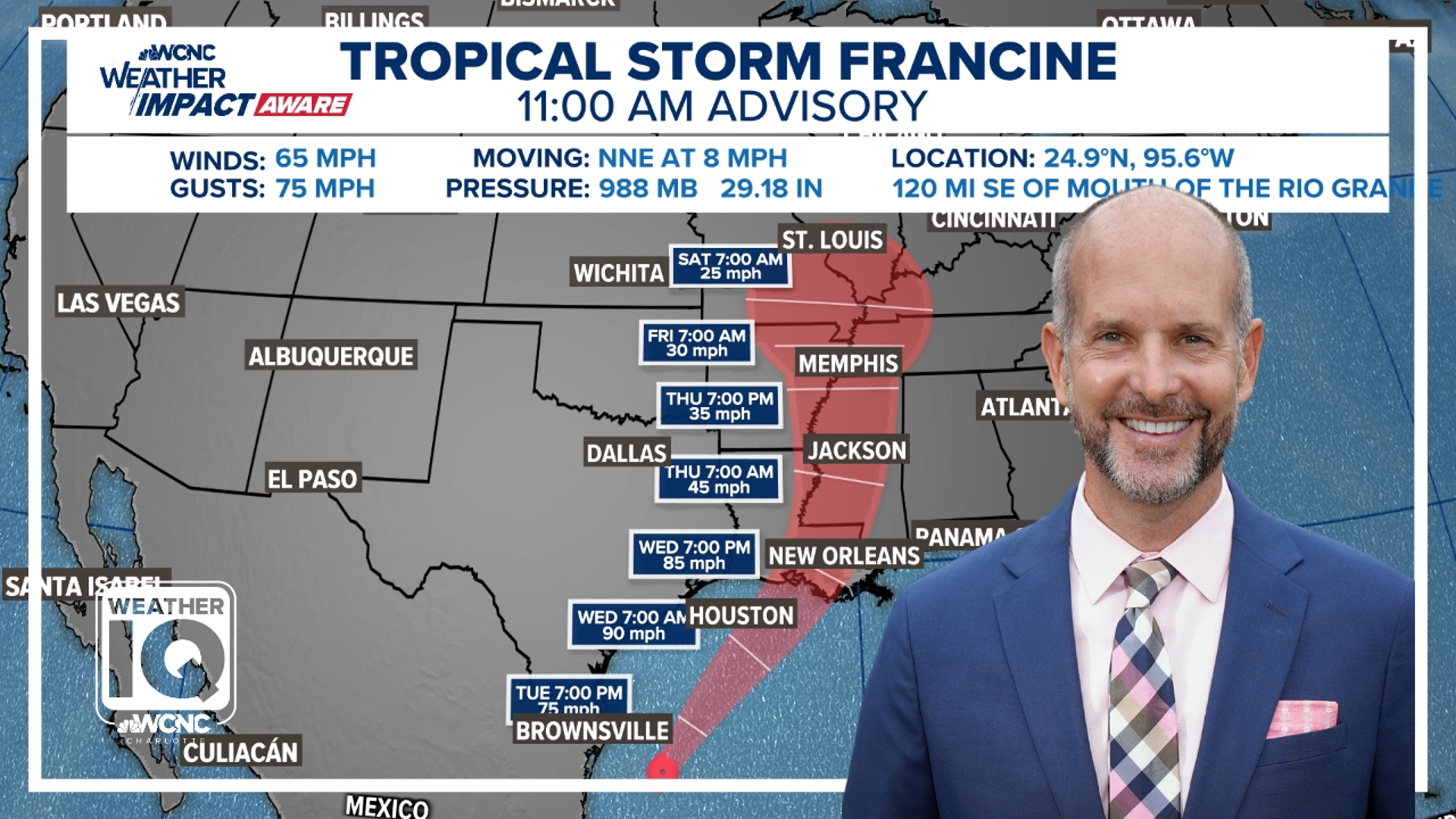 Brad Panovich provides the latest forecast path for the tropical storm expected to make landfall as a hurricane in Louisana.