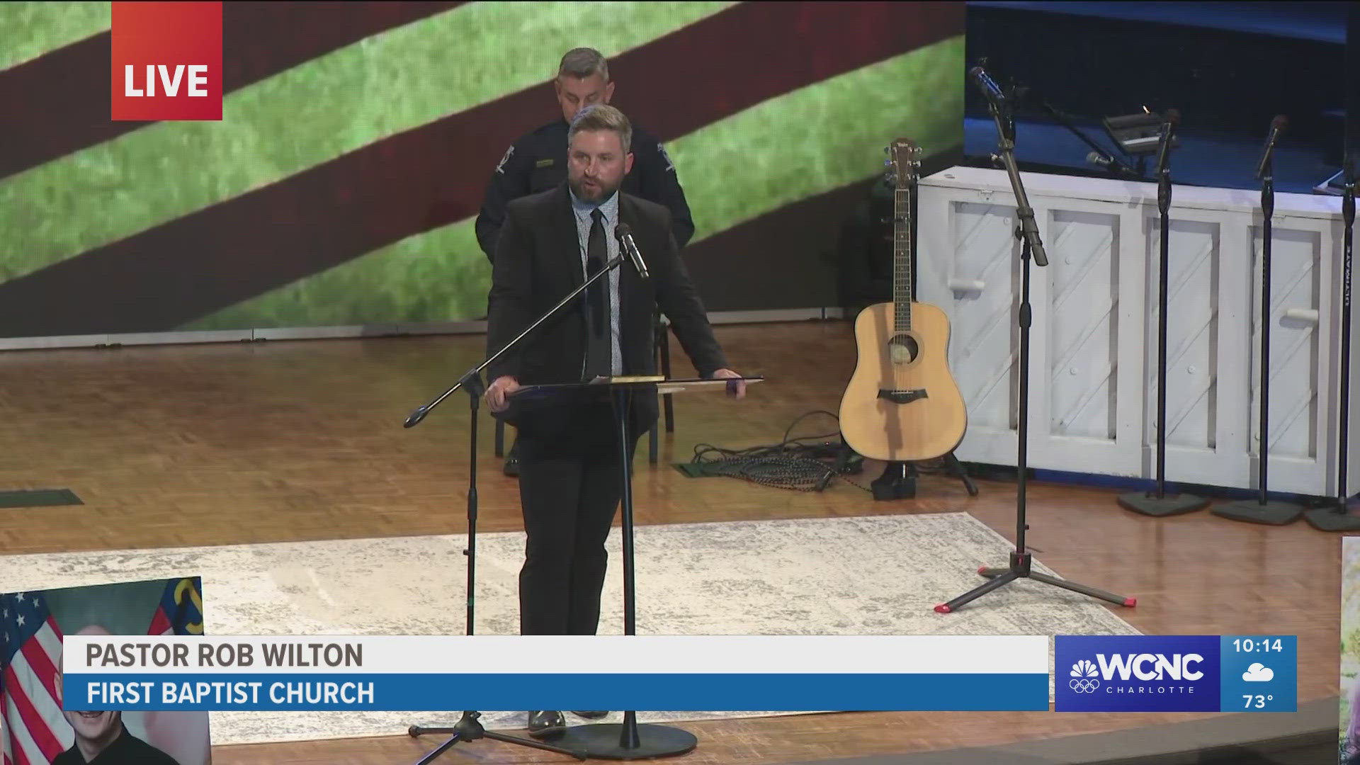 Pastor Bob Wilton pays tribute to fallen CMPD Officer Joshua Eyer, who was killed in the line of duty.