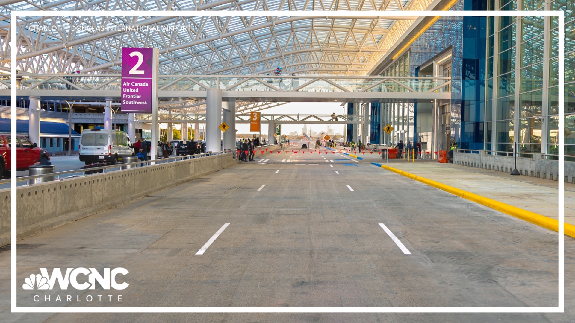 The three lanes are located outside Charlotte Douglas International Airport's passenger terminal on the upper departure level.