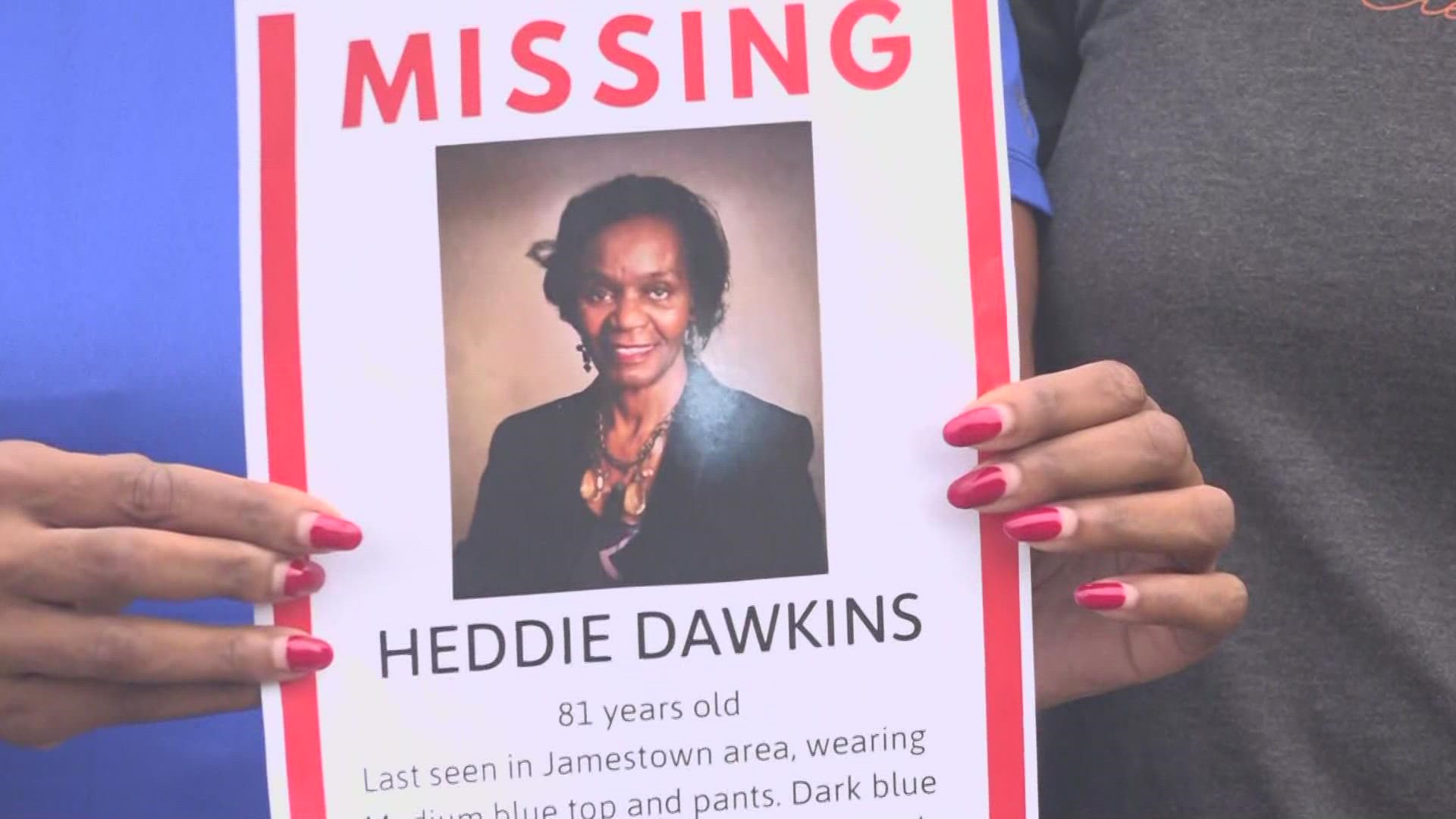 81-year-old Heddie Dawkins left her home early Wednesday morning. Despite a large search, she was still missing more than 48 hours later.