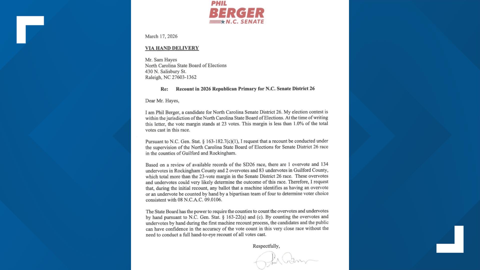 Phil Berger officially requests recount in NC Senate race against Sam ...