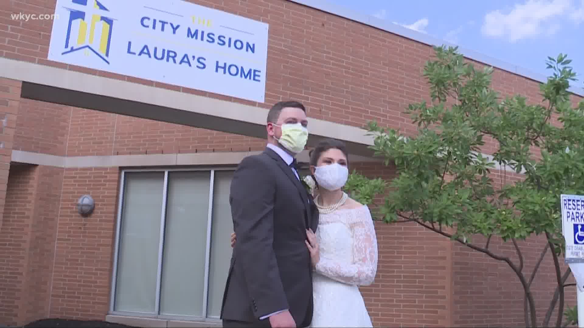 Tyler and Melanie Tapajna exchanged vows in a small backyard ceremony. They then headed to The City Mission to serve the food to women and children in crisis.