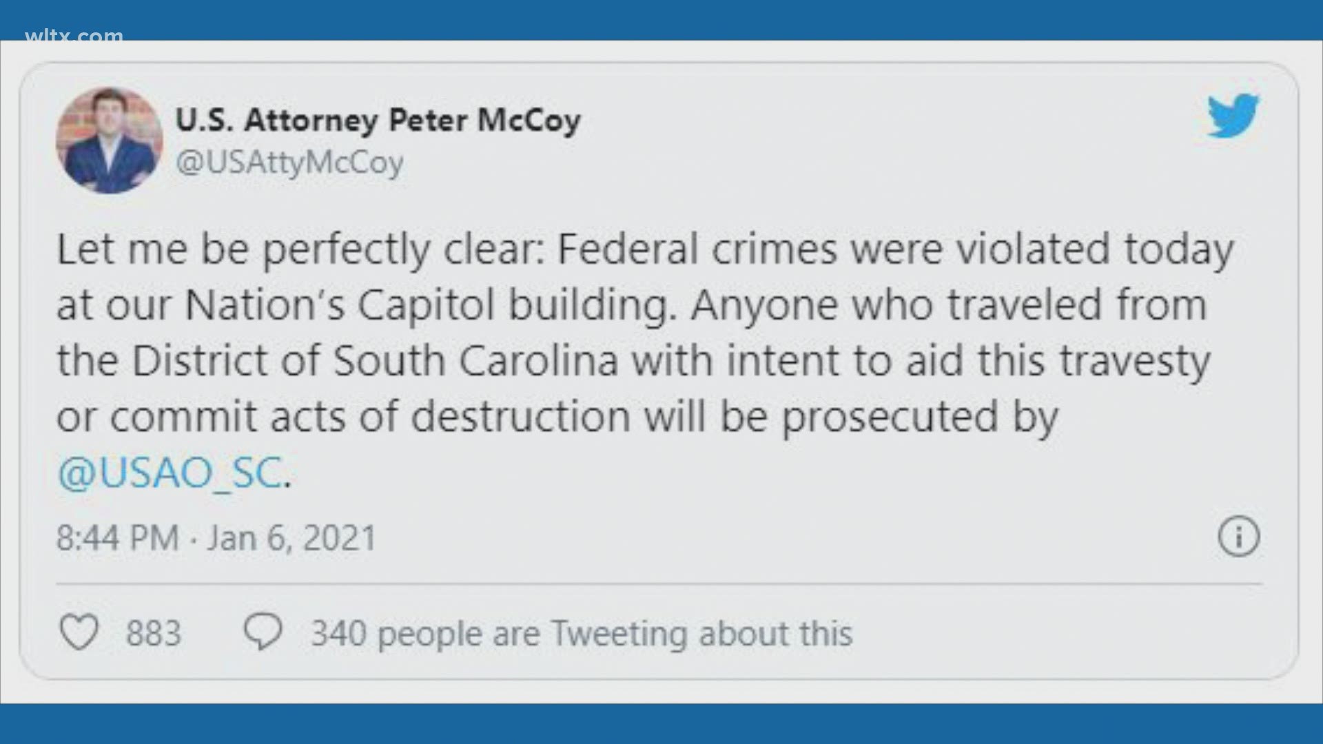 The U.S. Attorney in South Carolina says he'll prosecute people from the state who may have been involved in Tuesday's siege at the U.S. Capitol.