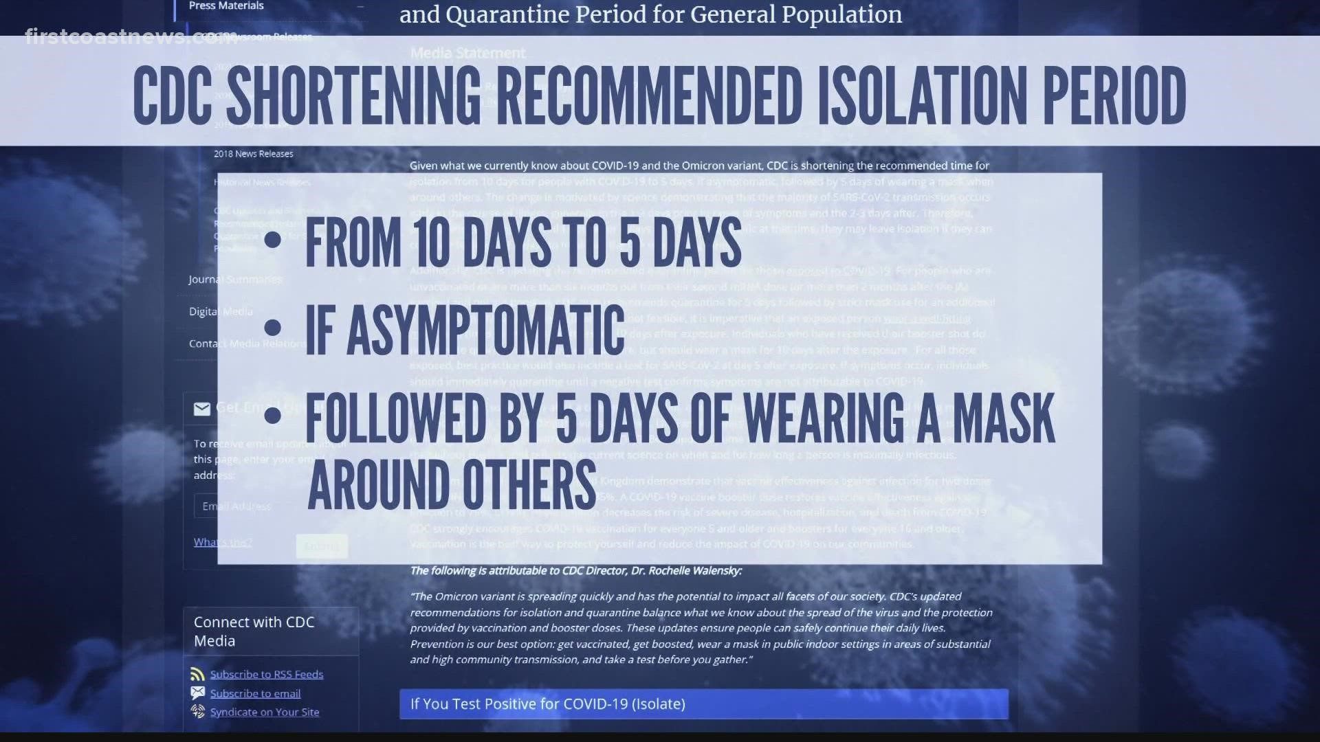 The CDC now recommends people who test positive and are asymptomatic to isolate for 5 days. The previous recommendation was 10 days.