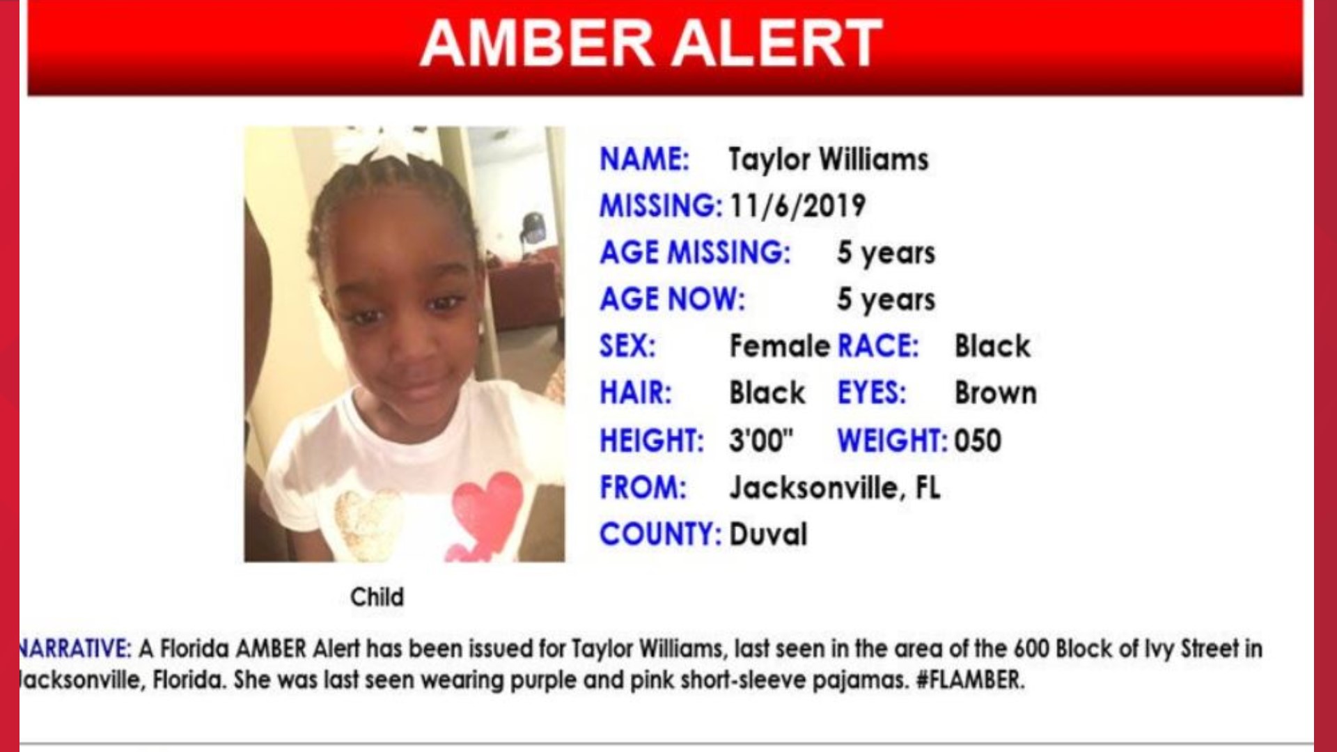 The Jacksonville Sheriff's Office gave information about Taylor Rose Williams who was last seen in her home around midnight.