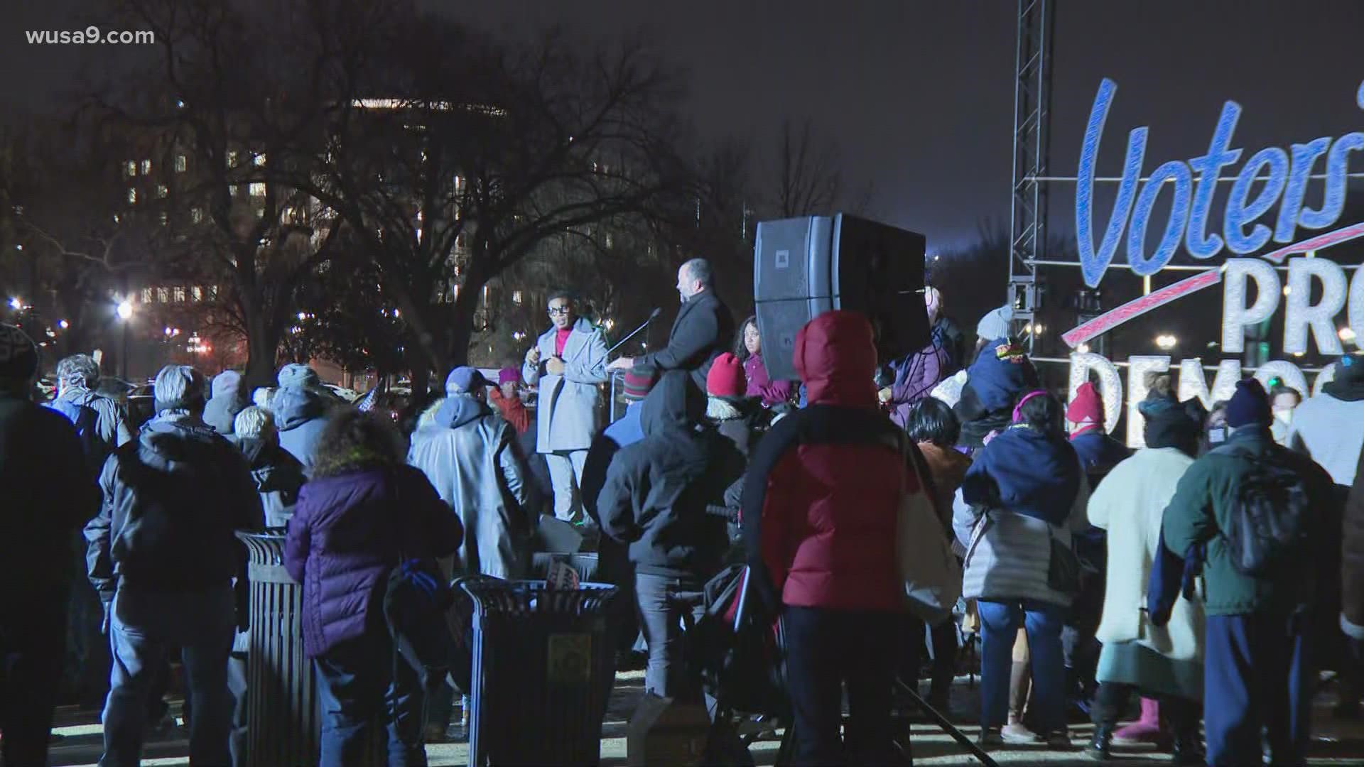 A group of activists gathered for a Protect Democracy rally outside the U.S. Capitol on Jan 6, 2022--one year after an insurrection threatened democracy.