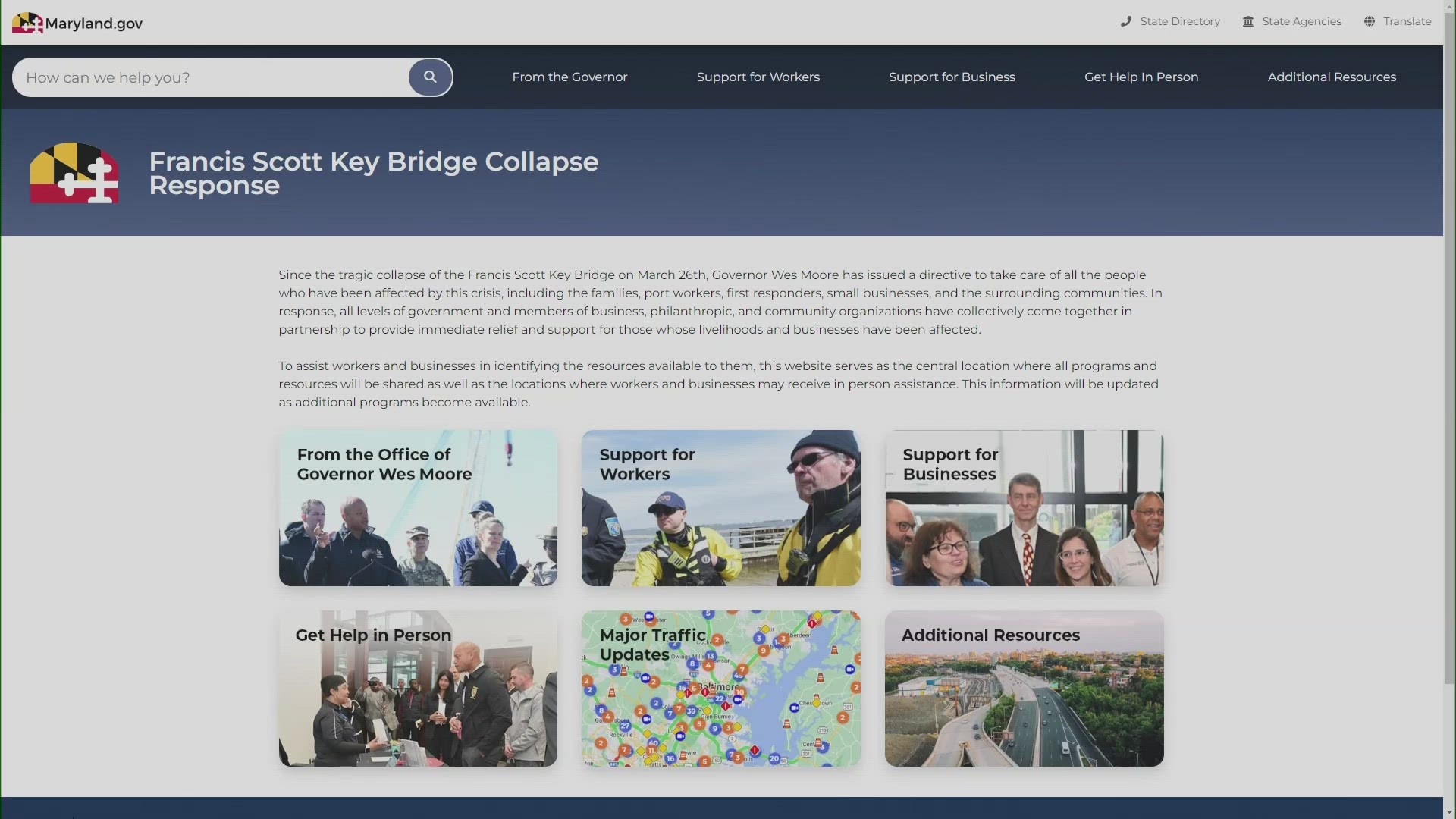 The site includes resources for impacted workers and businesses, as well as traffic updates.
