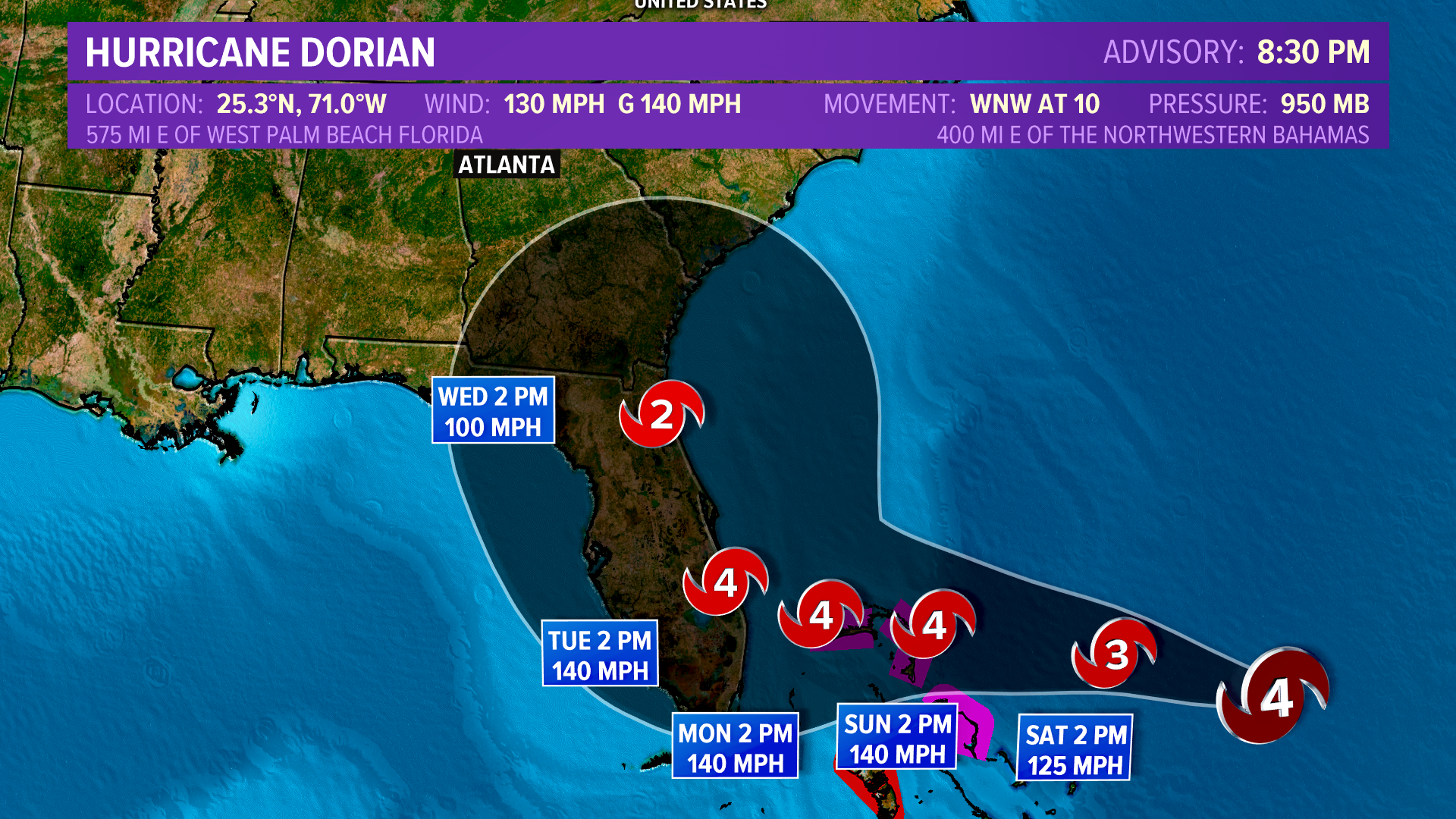 What's the latest with Hurricane Dorian? As of 8:30 p.m. Hurricane Dorian is an "extremely dangerous" Category 4 Hurricane. Parts of the northwest Bahama are under warnings and watches as the storm continues it's slow track towards Florida.