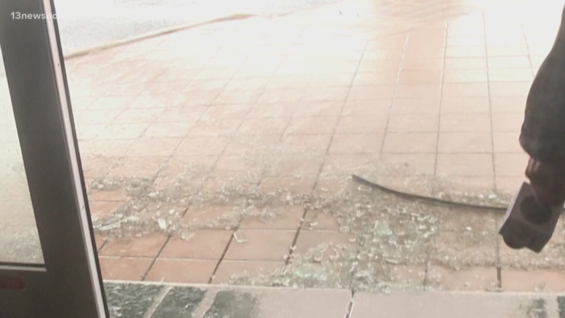 While covering Hurricane Dorian in Nags Head on the Outer Banks of North Carolina, reporter Andy Pierrotti and the photojournalist working with him, Luke Carter, had a glass wall shatter on them. Wind blew it out at the hotel where they were staying. The explosion of glass came as they were getting ready to go live.