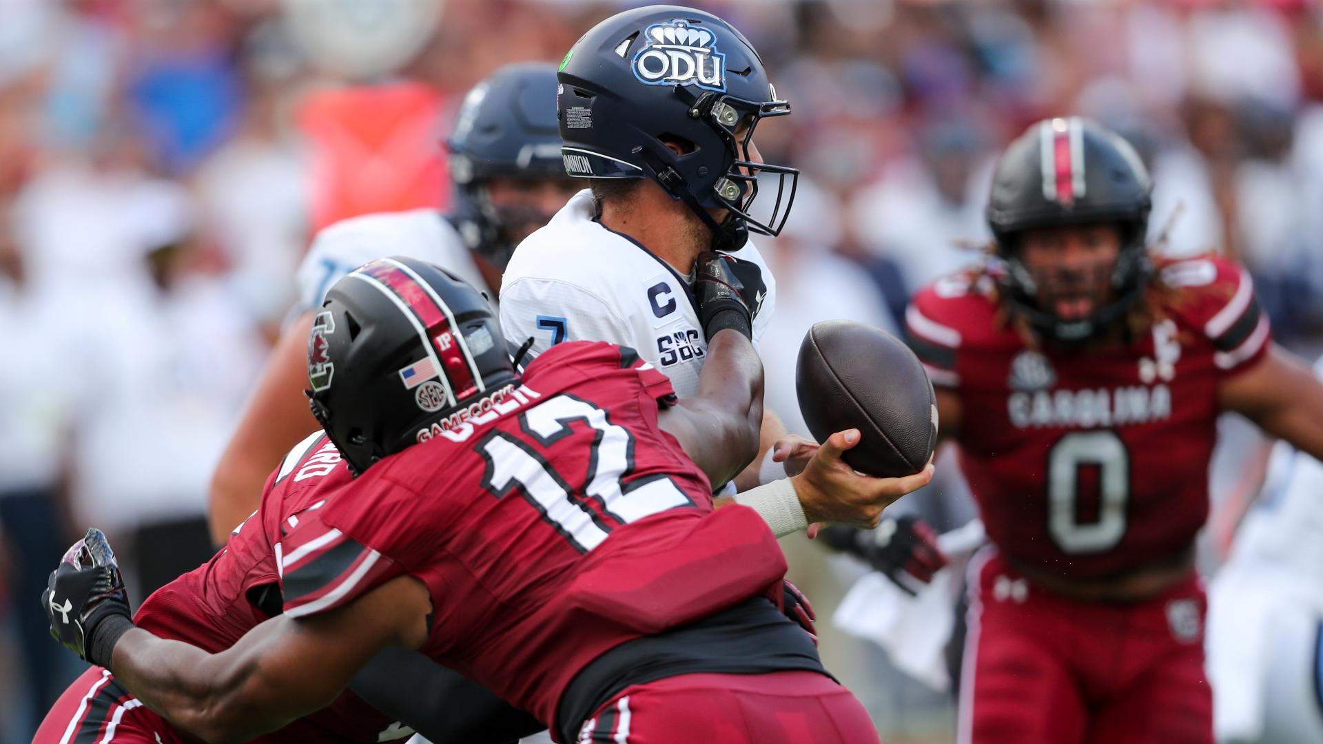 Monarchs quarterback Grant Wilson was sacked five times in the game as the Gamecocks forced three second half turnovers on Saturday night.