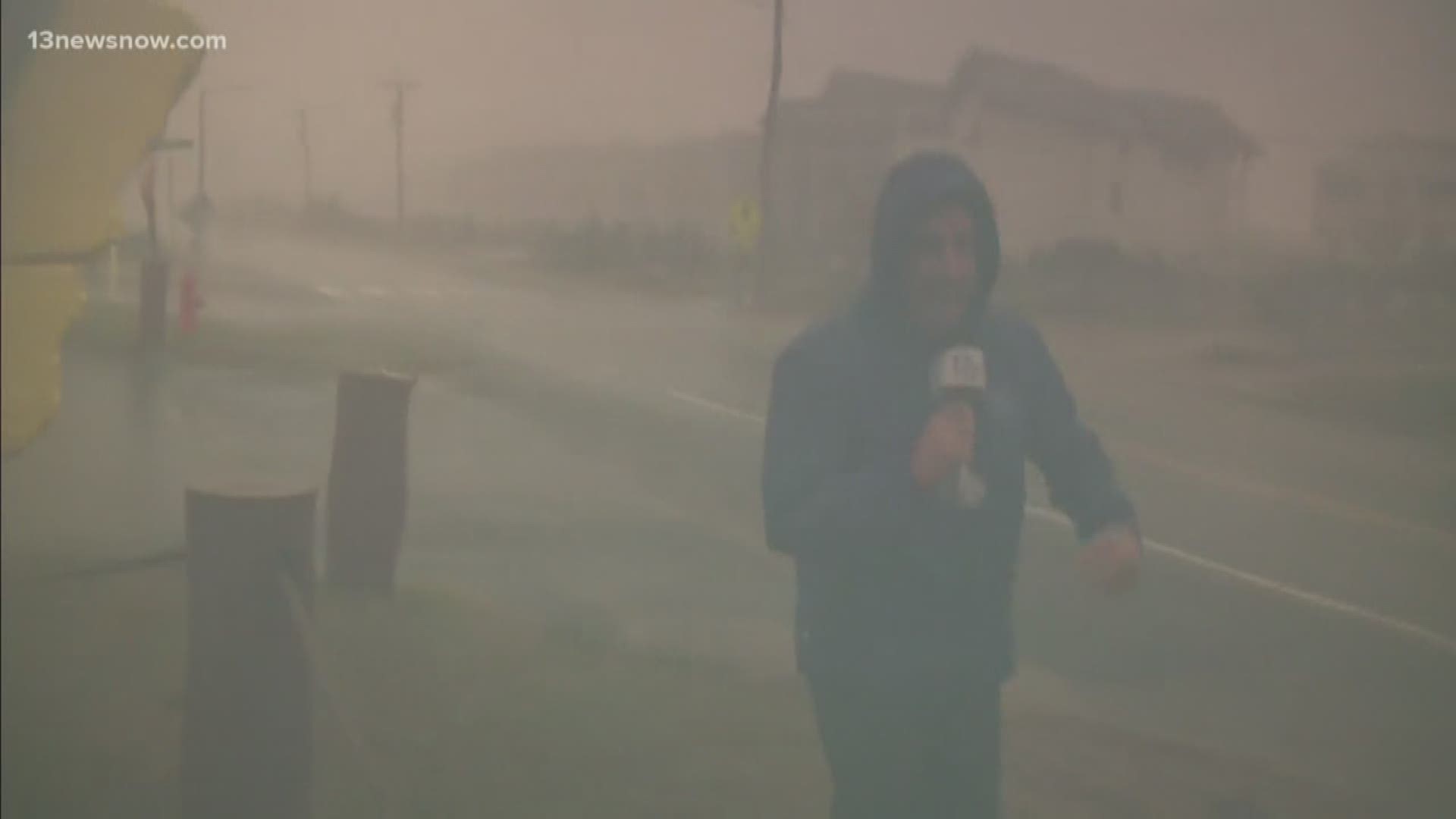 The conditions at NC 12 are not clear and heavy winds are pummeling the area in Nags Head. Tim Pandajis is out there trying to stand up straight as the winds pick up due to Dorian.