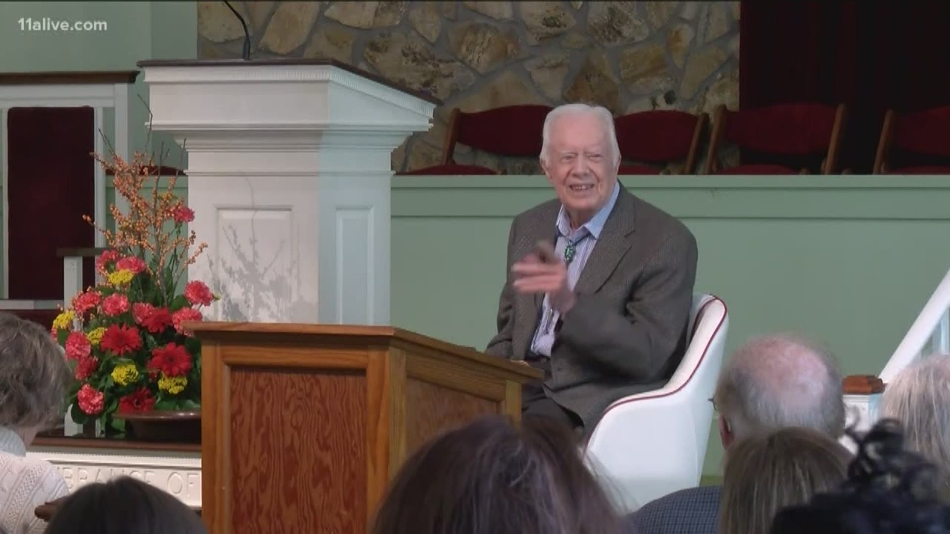 A fall left former President Carter with a minor pelvic fracture, but he was back at church on Sunday after missing only one week.