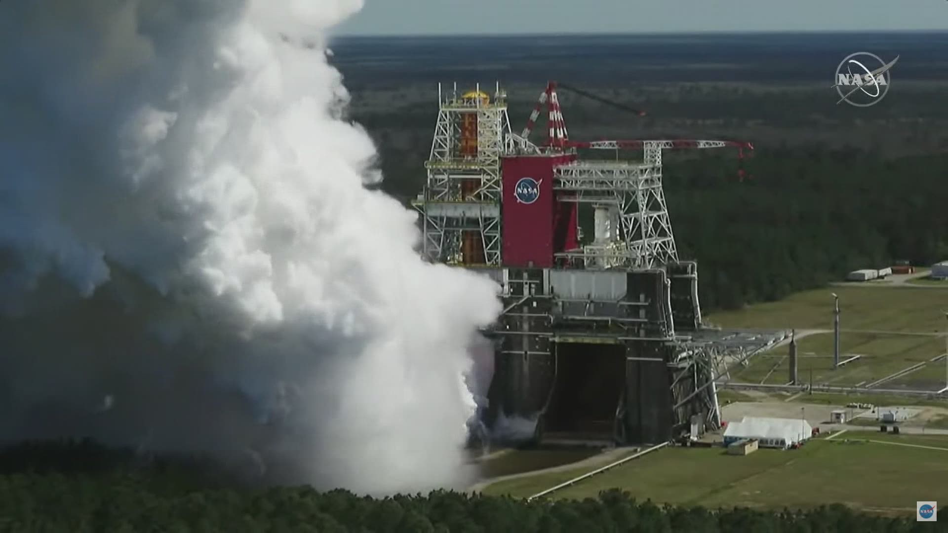 Hot fire test of the core stage for the Space Launch System rocket at NASA’s Stennis Space Center near Bay St. Louis, Mississippi.